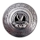 Circular kilt buckle with center clan crest - over 200 Irish and Scottish names available. Pewter. Made in Scotland. Scottish Treasures