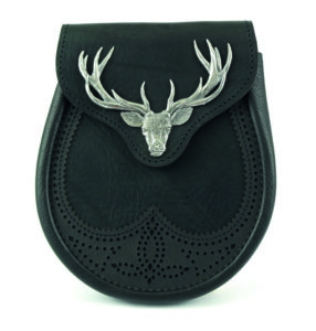 Black Saddle leather sporran with large stag mount on flap. Made in Scotland for Scottish Treasures