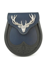 Blue and black leather sporran with hand brogueing and Large stag mount on flap. Made in Scotland for Scottish Treasures