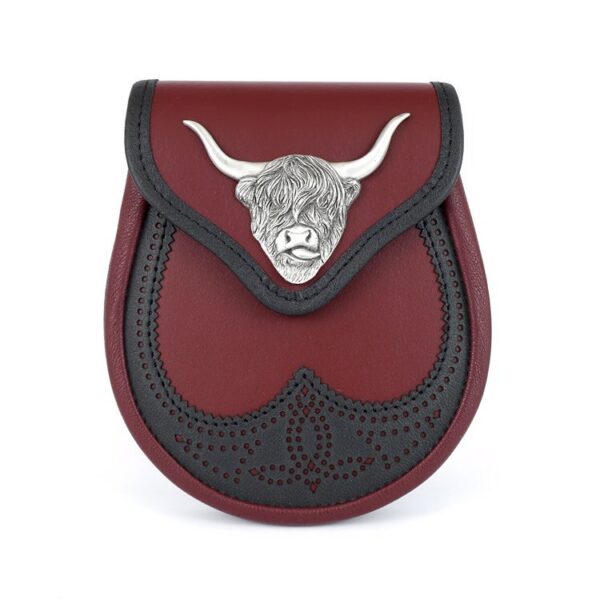 Highland cow sporran finished with blood red leather and black trim