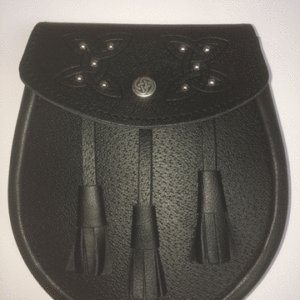 Leather sporran with studs on flap. Snap closure. Made in Scotland. Scottish Treasures