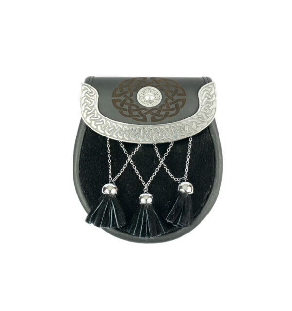 Semi-formal sporran with celtic knot in center of flap along with celtic cantle finished in chrome. Three tassels with cross-chains. Made in Scotland. Scottish Treasures Celtic Corner