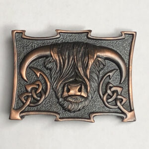Highland Coo pewter kilt buckle, chocolate bronze finish. Scottish Treasures