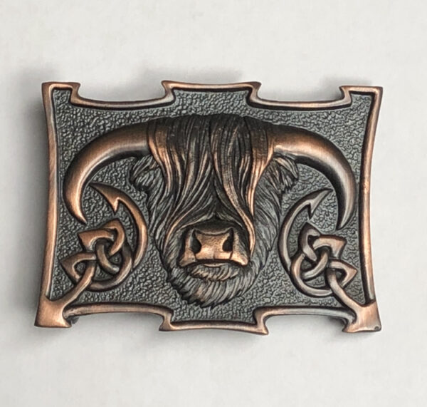 Highland Coo pewter kilt buckle, chocolate bronze finish. Scottish Treasures