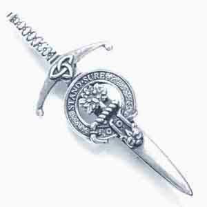 Clan kilt pin available in over 200 clan names. Made in Scotland from lead free pewter. Scottish Treasures