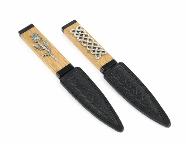 Scottish oak Sgian Dubh with Thisle or Celtic Knot mounts done in pewter. Made in Scotland. Scottish Treasures