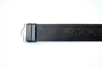 Celtic Stag kilt belt, embossed leather, black. Made in UK. Scottish Treasures