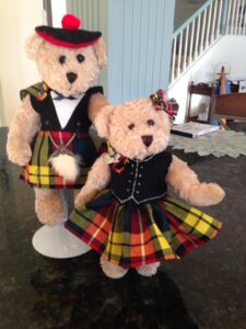 Teddy bears dressed in your tartan. Shown here is Clan Buchanan tartan wee mail and female bears by Loganbearies. Scottish Treasures