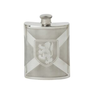 Saltire lion pewter flask, made in England from 100% lead free pewter. Saltire with the rampant lion in the center. Pattern is on both sides of the flask. Scottish Treasures