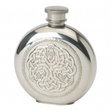 Celtic thistle pewter flask with celtic knots intertwined with thistles. Made in England from 100% lead free pewter. Scottish Treasures