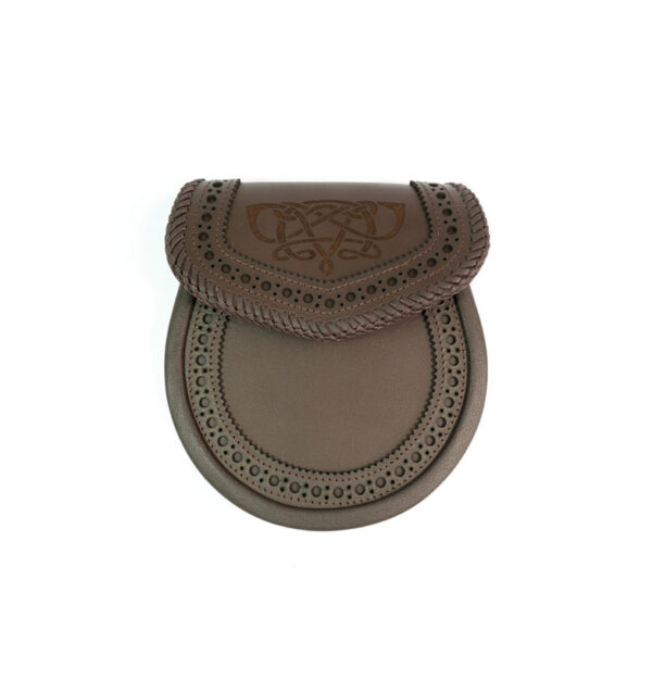 Brown leather day sporran with brogued detail and celtic engraving. Lined inside. Made in Scotland. Scottish Treasures