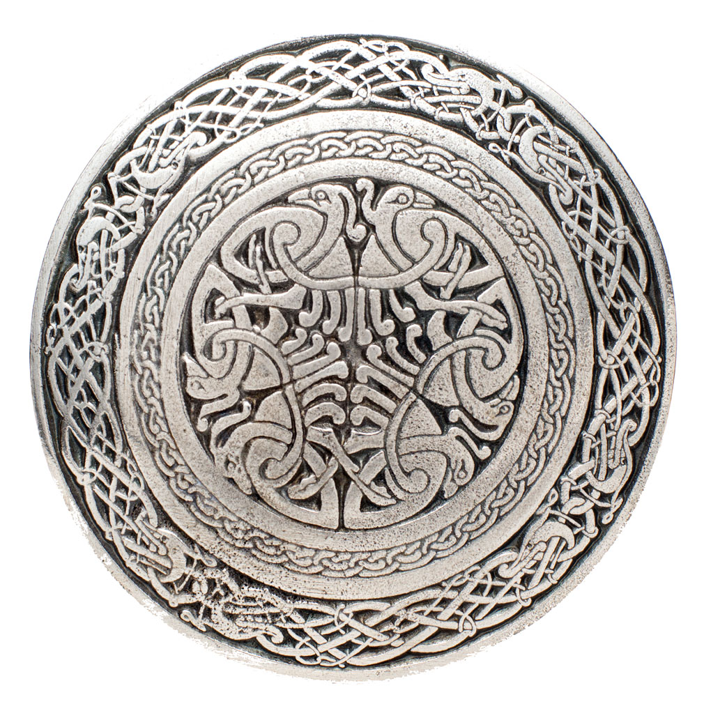 Round kilt buckle with the book of Kells Celtic Birds in the center with knotwork around the outside. Made in Scotland. Lead free pewter. Scottish Treasures