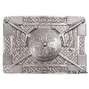Kilt buckle with Claymore and center targe, 100% lead free pewter. Made in Scotland. Scottish Treasures