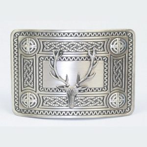 Celtic knot buckle with stag mounted to top. Scottish Treasures