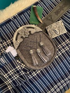 Custom kilt package with 8 yard kilt (St. Andrew's Tartan), bespoke sporran, belt, buckle, flashes, and kilt pin. All made in Scotland. Scottish Treasures