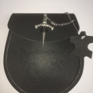 Hand made in Scotland casual black leather sporran with sword closure on flap and embossed cletic knotword. No tassels on this one. Scottish Treasures