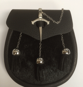 Semi-dress sporran with short black bovine fur, leather tassels and sword closure on flap. Made in Scotland. Scottish Treasures