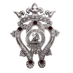 Luckenbooth clan crest plaid brooch, pewter.  Made in Scotland.  Scottish Treasures