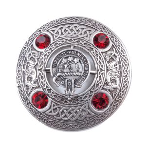 Clan Crest Plaid brooch with 4 stones in choice of color.  100% lead free pewter.  Made in Scotland.  Scottish Treasures