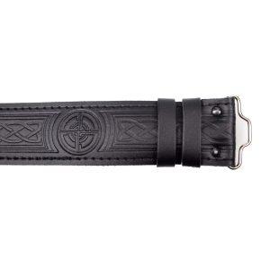 Celtic knot leather kilt belt, black, made in Scotland. Scottish Treasures