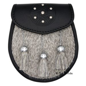 Celtic star bovine semi dress sporran hand made in Scotland. Black Leather. Scottish Treasures