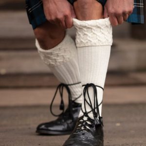 House of Cheviot Lewis Kilt Socks, Ecru. Made in Scotland. 85% Merino Wool. Scottish Treasures
