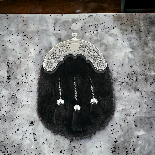 Black-Mink-Dress-Sporran Blank Mint fur sporran with celtic designed cantle, polished finish, made in Scotland for Scottish Treasures.