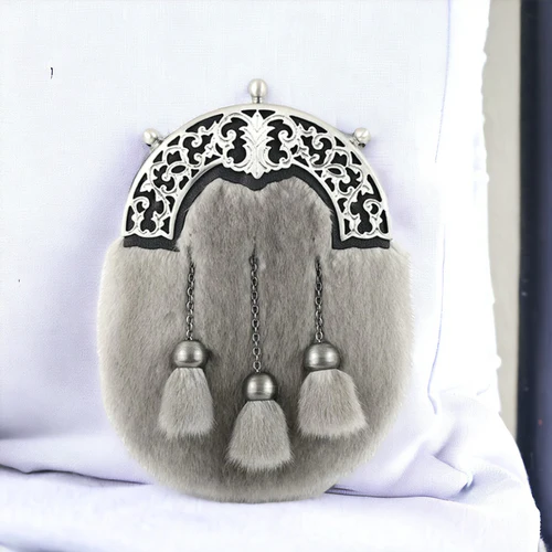 Sapphire Mink dress sporran with stunning open design cantle and antique finished tassels to match. Made in Scotland for Scottish Treasures