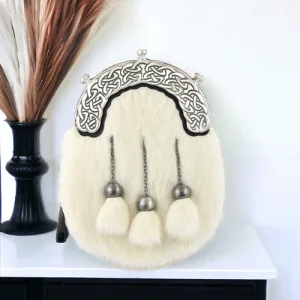 White Mink fur dress sporran with eternity knot cantle and matching tassels. Made in Scotland for Scottish Treasures